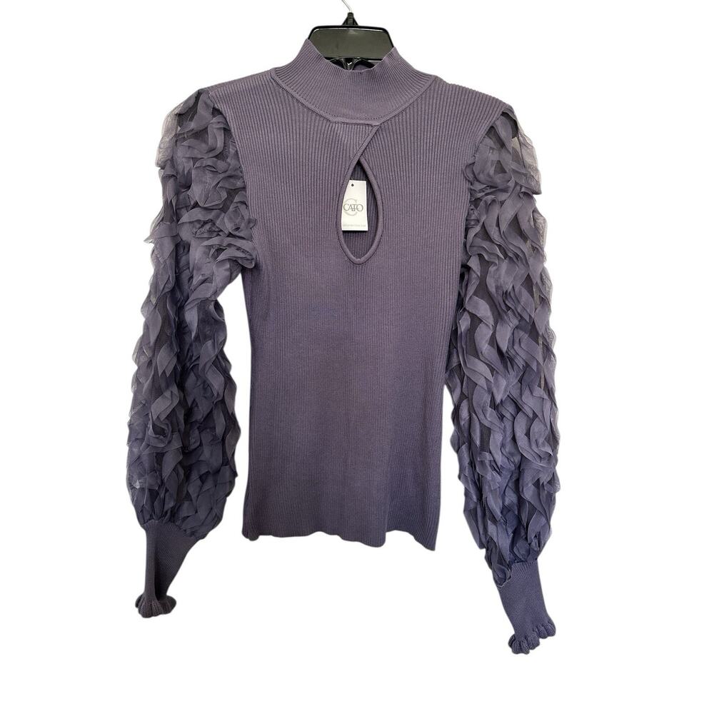 Cato brand purple ribbed knit sweater sheer ruffled sleeves Size M - Picture 5 of 8